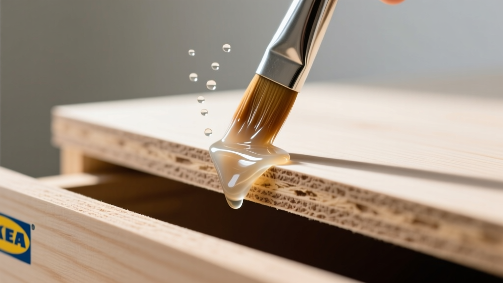 Close-up of a brush applying clear polyurethane sealant to raw MDF edges of an IKEA drawer to prevent acidic off-gassing
