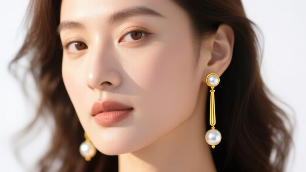 Close-up portrait of a woman wearing long golden pearl drop earrings, warm sunlight highlighting the pearl luster and yellow gold