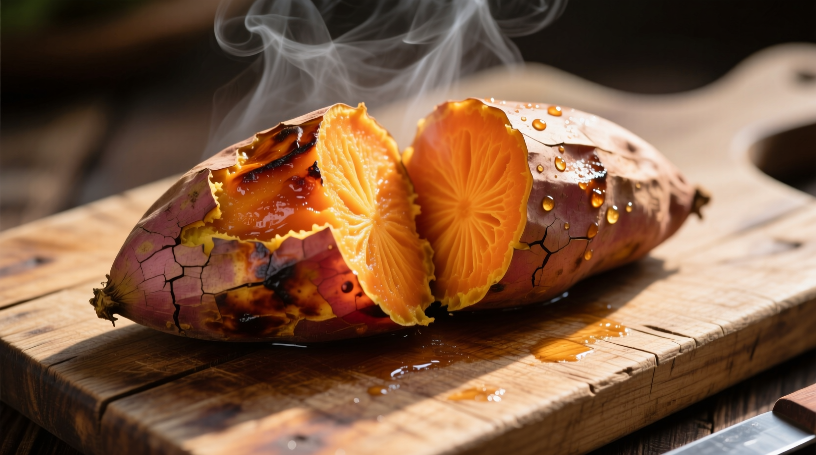 Freshly cooked sweet potato on wooden cutting board
