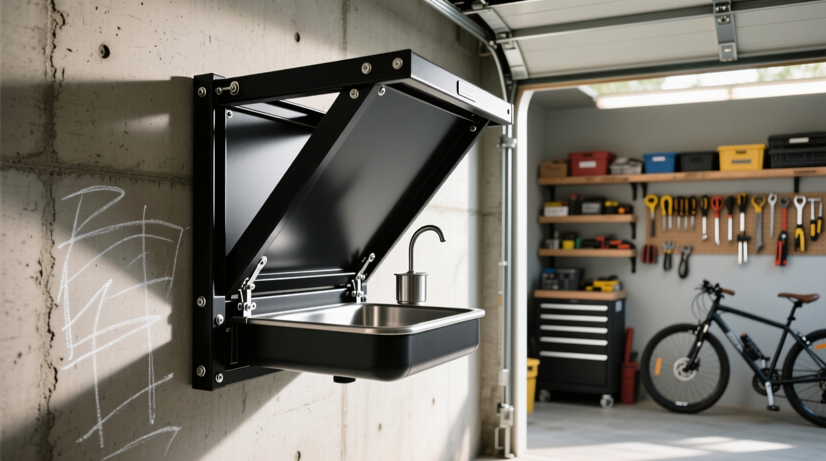 Fold-down dip station mounted against garage wall