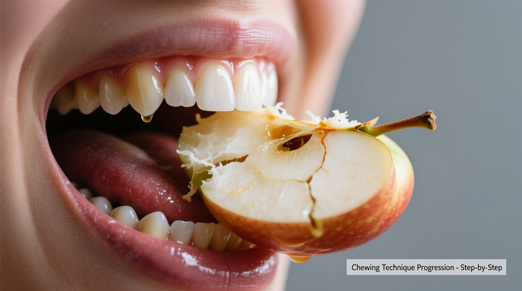 Proper chewing technique demonstration showing food texture progression