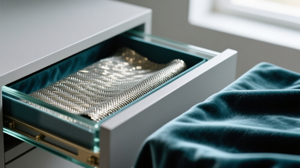 Macro close-up of anti-tarnish Pacific cloth lining inside a glass display drawer, contrasting with standard synthetic velvet