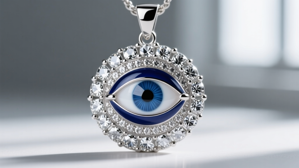 Macro shot of a silver evil eye pendant showing intricate pave cubic zirconia setting and polished blue enamel iris detail