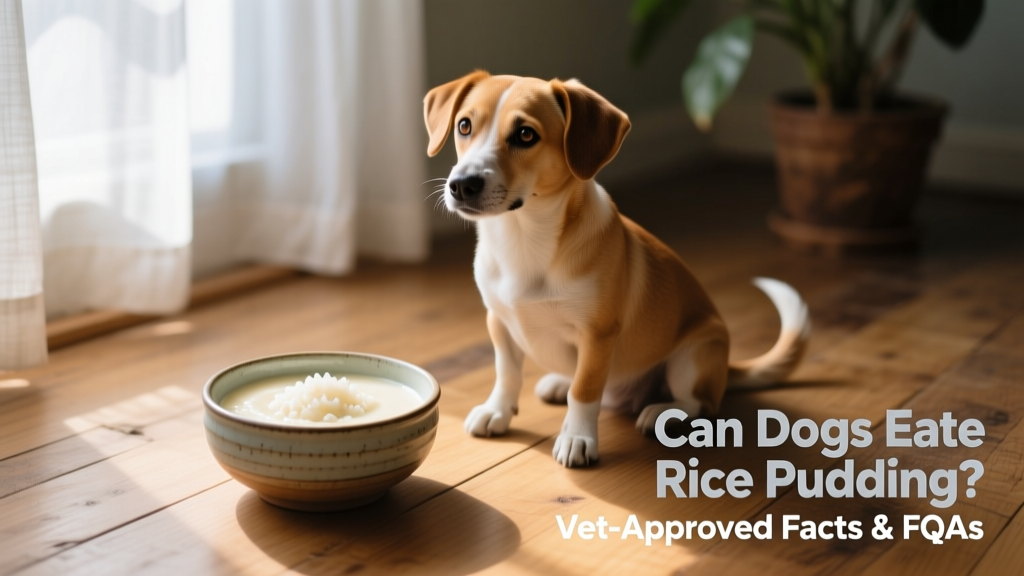 A small ceramic bowl of plain, creamy rice pudding beside a curious dog sitting calmly on the floor