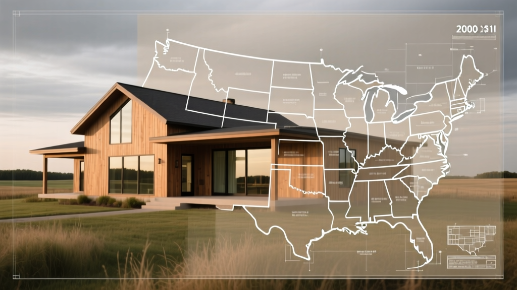 Architectural blueprints and a regional US map overlaying a partially framed 2000 square foot modern farmhouse under a cloudy sky