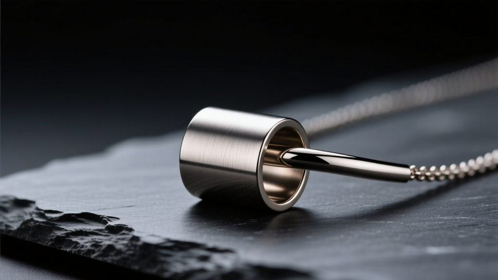 Macro shot of a brushed titanium cylindrical breathing necklace pendant resting on dark slate under soft directional lighting.