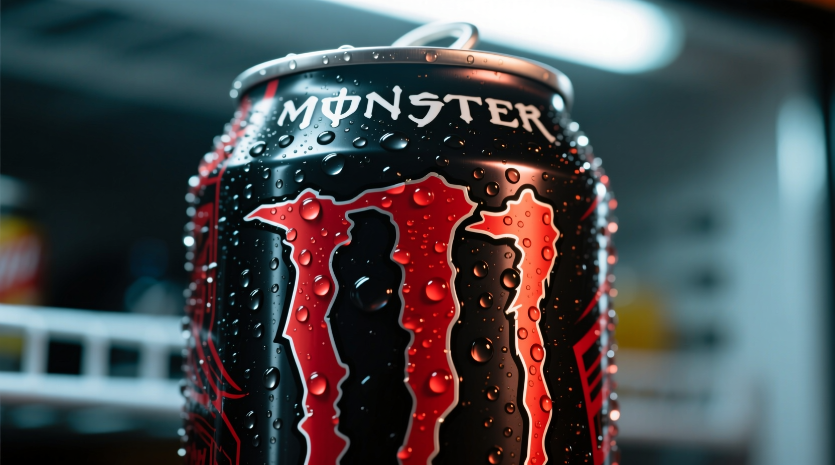 Close-up of Monster Energy drink can with condensation