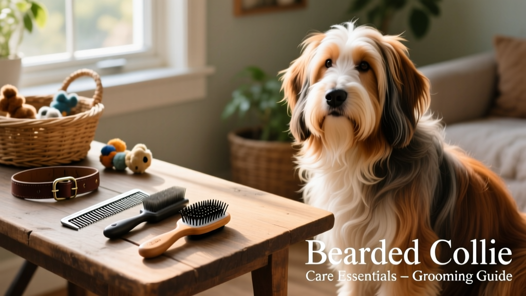 Side-by-side comparison showing proper Bearded Collie grooming tools and a well-brushed, gleaming coat