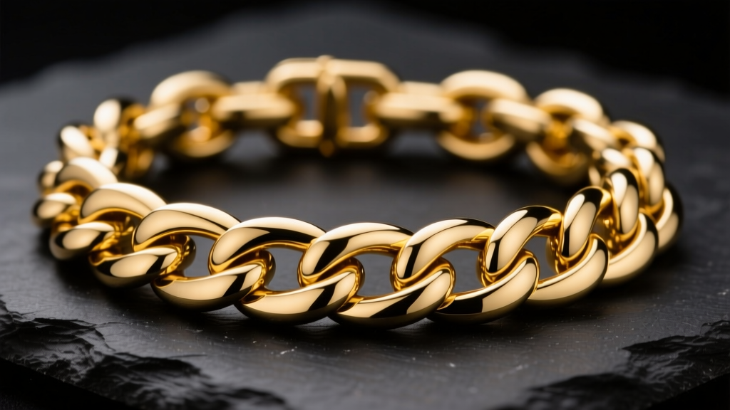 Macro shot of an 18k yellow gold Cuban link chain showing precise laser-welded seams on interlocking links against dark slate