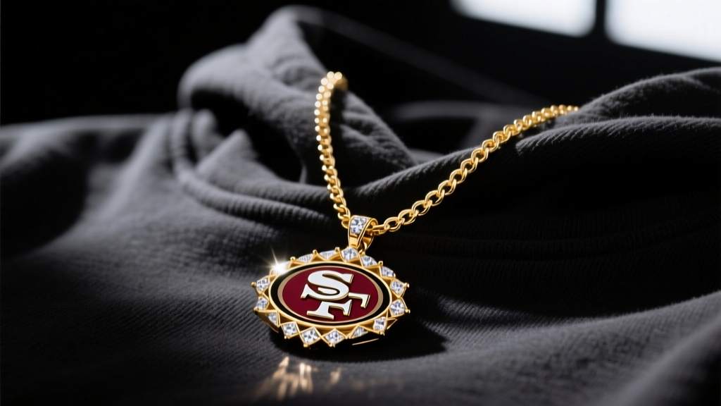 14k gold 49ers chain necklace with diamond SF pendant resting on a dark hoodie under dramatic studio lighting