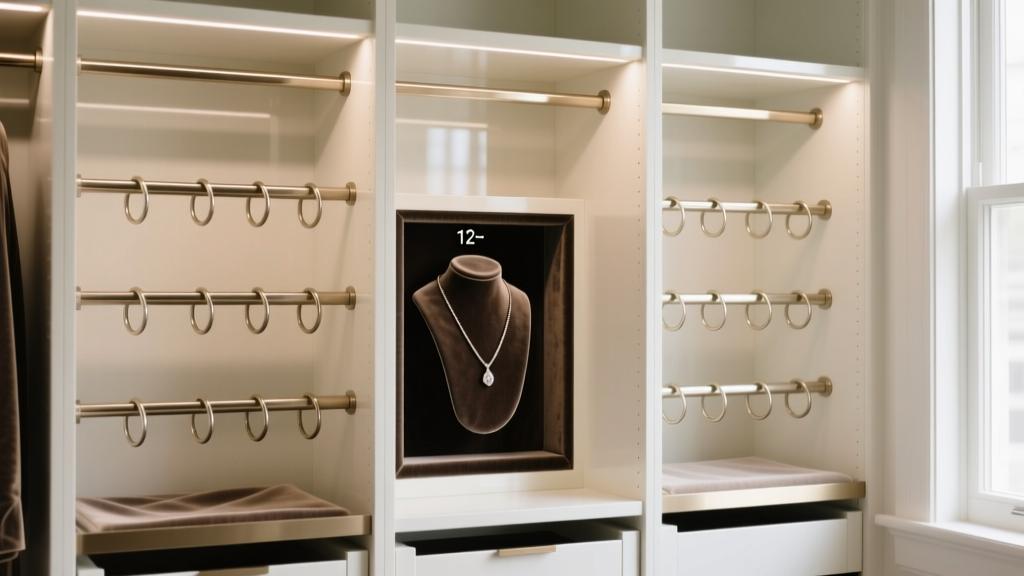Close-up of a modern armoire interior with anti-tarnish lining, adjustable ring rolls, and a 12-inch necklace drop zone.