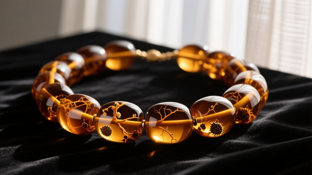 Chunky amber necklace with large cognac beads on black velvet, softly lit to highlight internal inclusions and organic textures