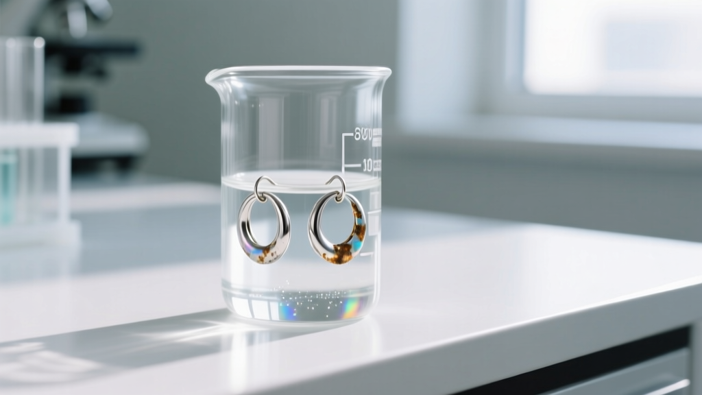 Glass beaker of earring cleaner fluid with tarnished silver hoop earrings partially submerged on a clean modern laboratory bench.