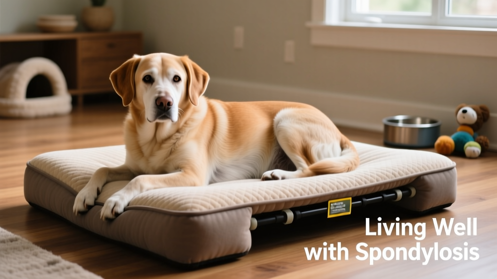 Senior dog resting comfortably on a supportive orthopedic bed, relaxed but alert—demonstrating quality of life despite chronic spinal changes