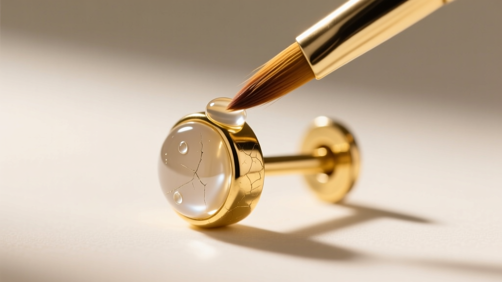 Macro shot of a 20-gauge gold-plated brass earring post being coated with clear protective enamel polish using a small brush