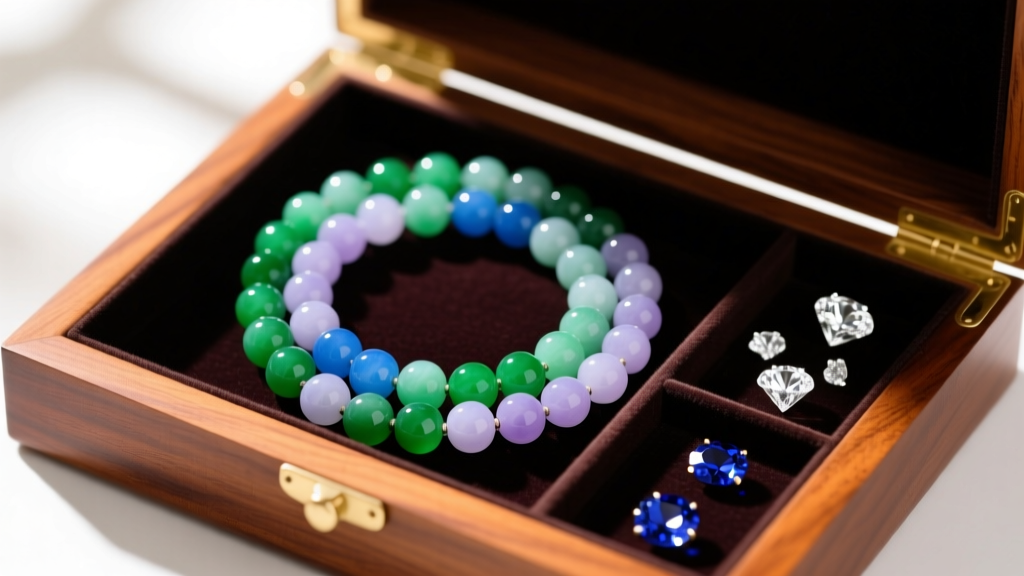 A multi colored jade bead necklace neatly coiled inside a lined mahogany jewelry box, separated from diamond and sapphire pieces.