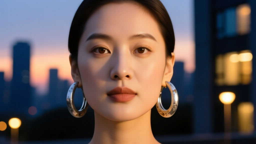 Portrait of a woman with a round face wearing chunky silver hoop earrings against a softly blurred cityscape at dusk.