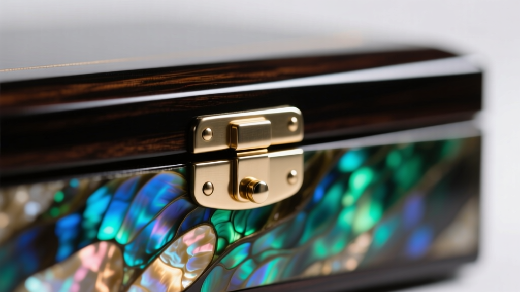 Macro shot of iridescent mother-of-pearl veneer on a luxury jewelry box hinge, highlighting the natural calcium carbonate layers.