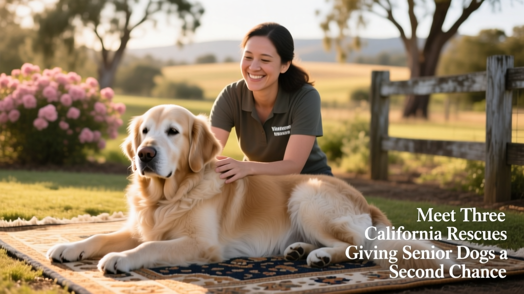 A gentle senior Golden Retriever resting peacefully on a sunlit rug beside a smiling volunteer