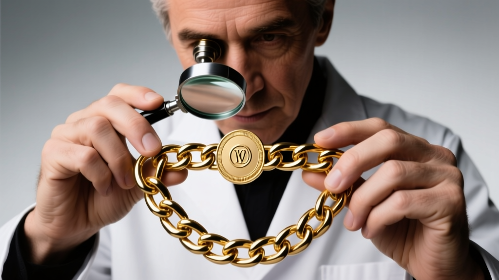 Jeweler inspecting a heavy-duty reinforced screw-lock clasp on a thick gold chain using a 10x loupe under bright studio lighting.