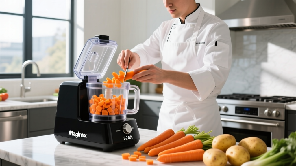 Cook using a Magimix 5200XL food processor to slice large batches of carrots and potatoes in a bright sunlit modern kitchen
