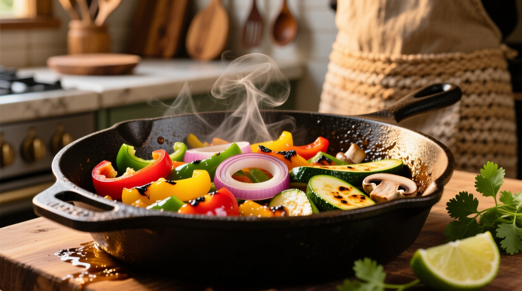 Sizzling fajita vegetables in cast iron skillet
