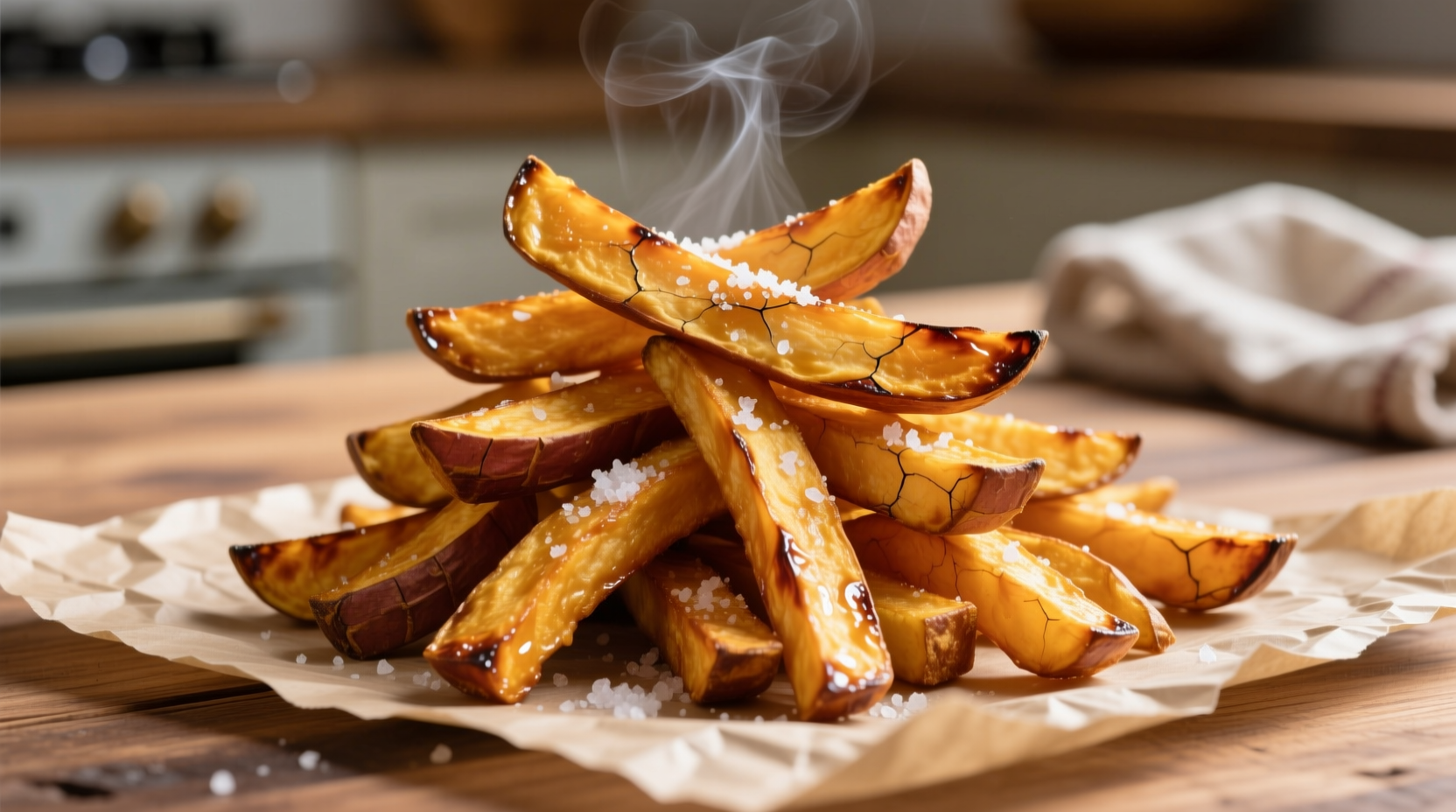 Golden crispy sweet potato fries on parchment paper