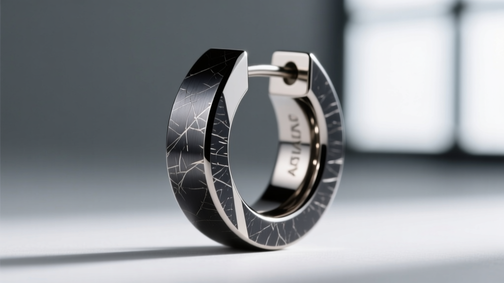 Macro shot of an ASTM F136 titanium Marlon earring edge, showing the seamless CNC-milled bevel and dark PVD coating texture.