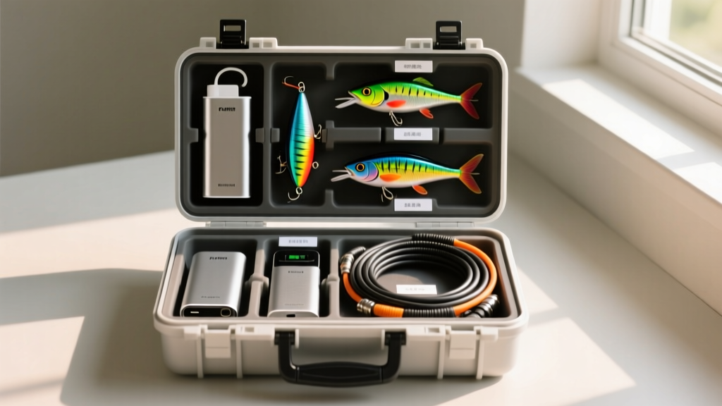 Organized tackle box featuring waterproof power banks, smart lures, and underwater camera cables ready for summer bass trips