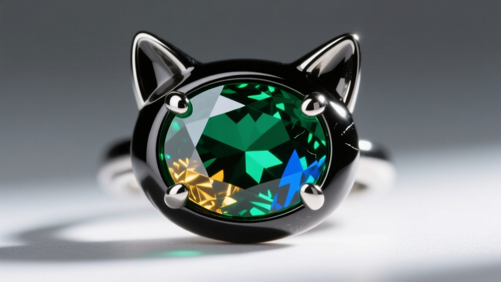 Extreme close-up of a bezel-set cubic zirconia cat eye on a black rhodium-plated silver feline earring, showing metal tension.