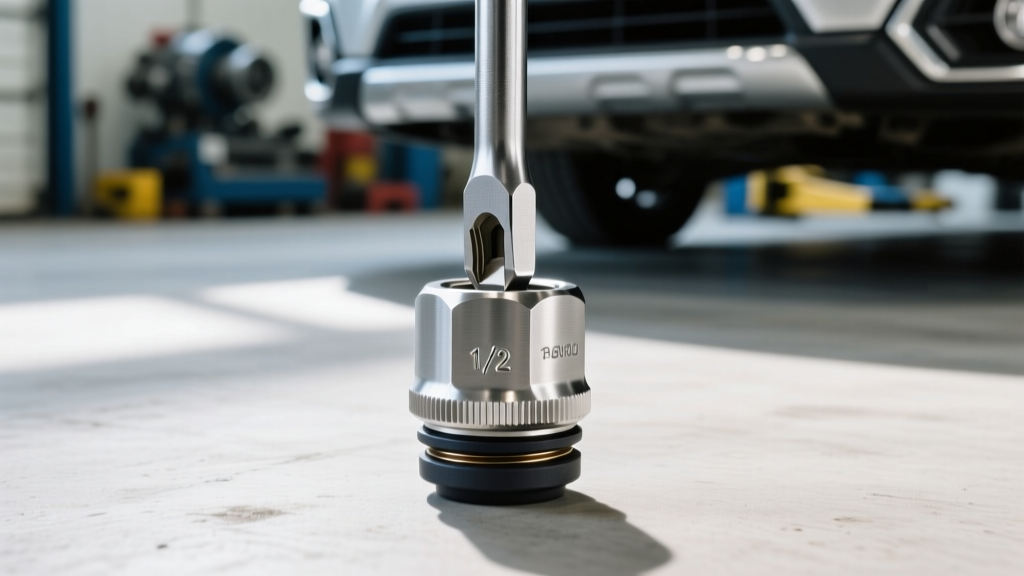 Close up of the front differential fill plug on a Subaru Outback showing the required 1/2-inch drive socket tool