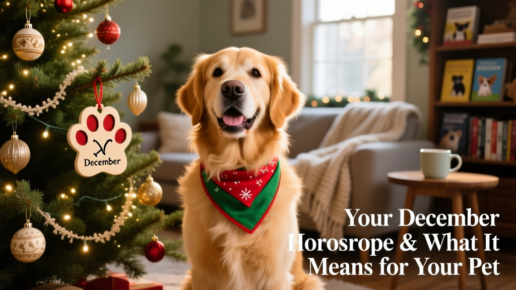 A joyful dog wearing a festive bandana, sitting beside a beautifully decorated Christmas tree with a custom paw-shaped ornament hanging nearby