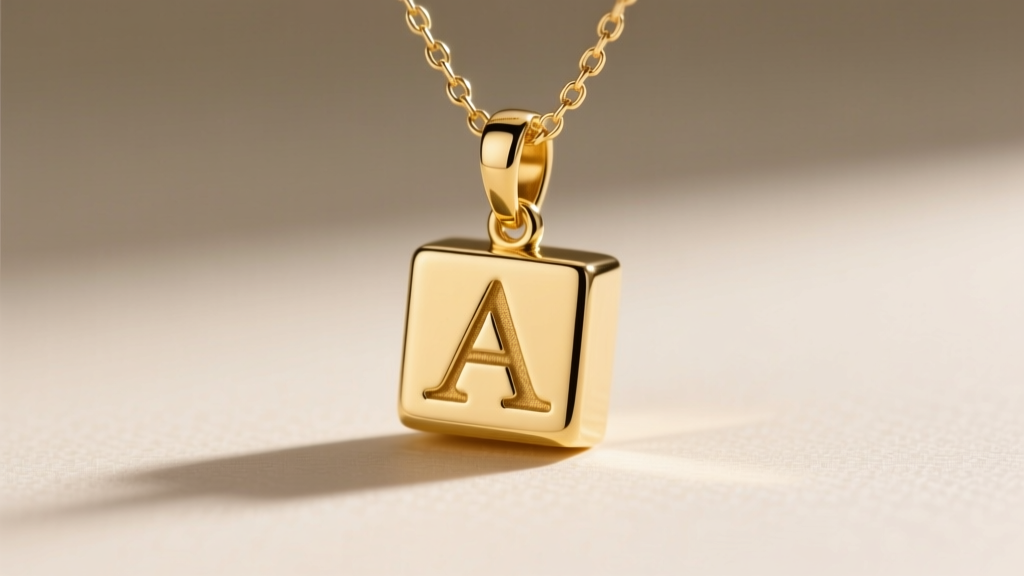 Macro shot of 14k yellow gold James Avery block letter pendant on 1.2mm box chain, showing polished finish and crisp engraving