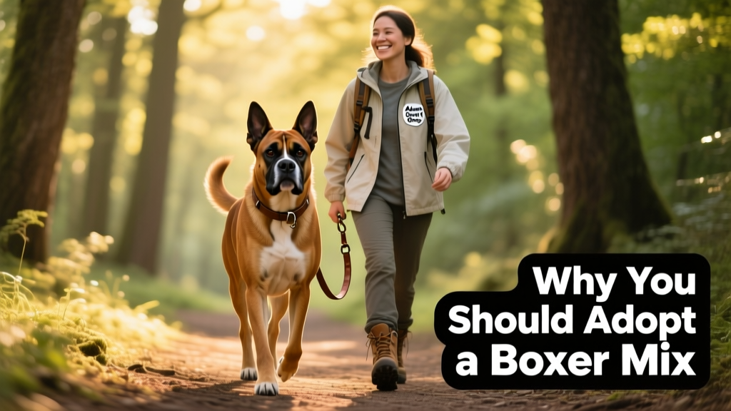 A Boxer-German Shepherd mix walking confidently on a forest trail with its adoptive owner