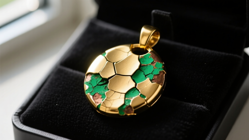 Close-up of a cheap zinc alloy gaming pendant with peeling gold paint and green oxidation on a dark velvet display pad.