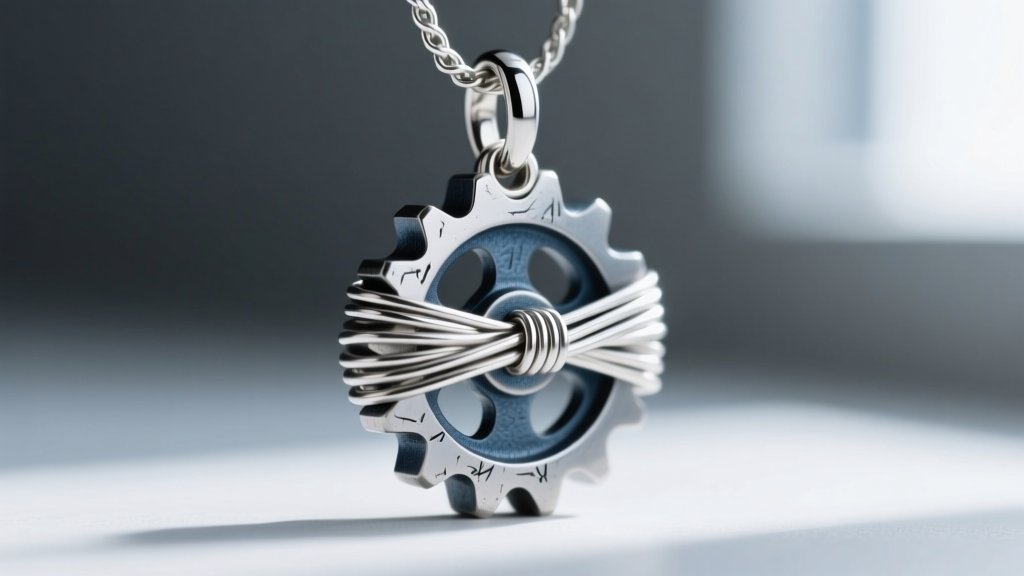 Macro shot of a 20-gauge argentium silver wire wrap securing a raw industrial titanium gear pendant with a 3mm niobium jump ring