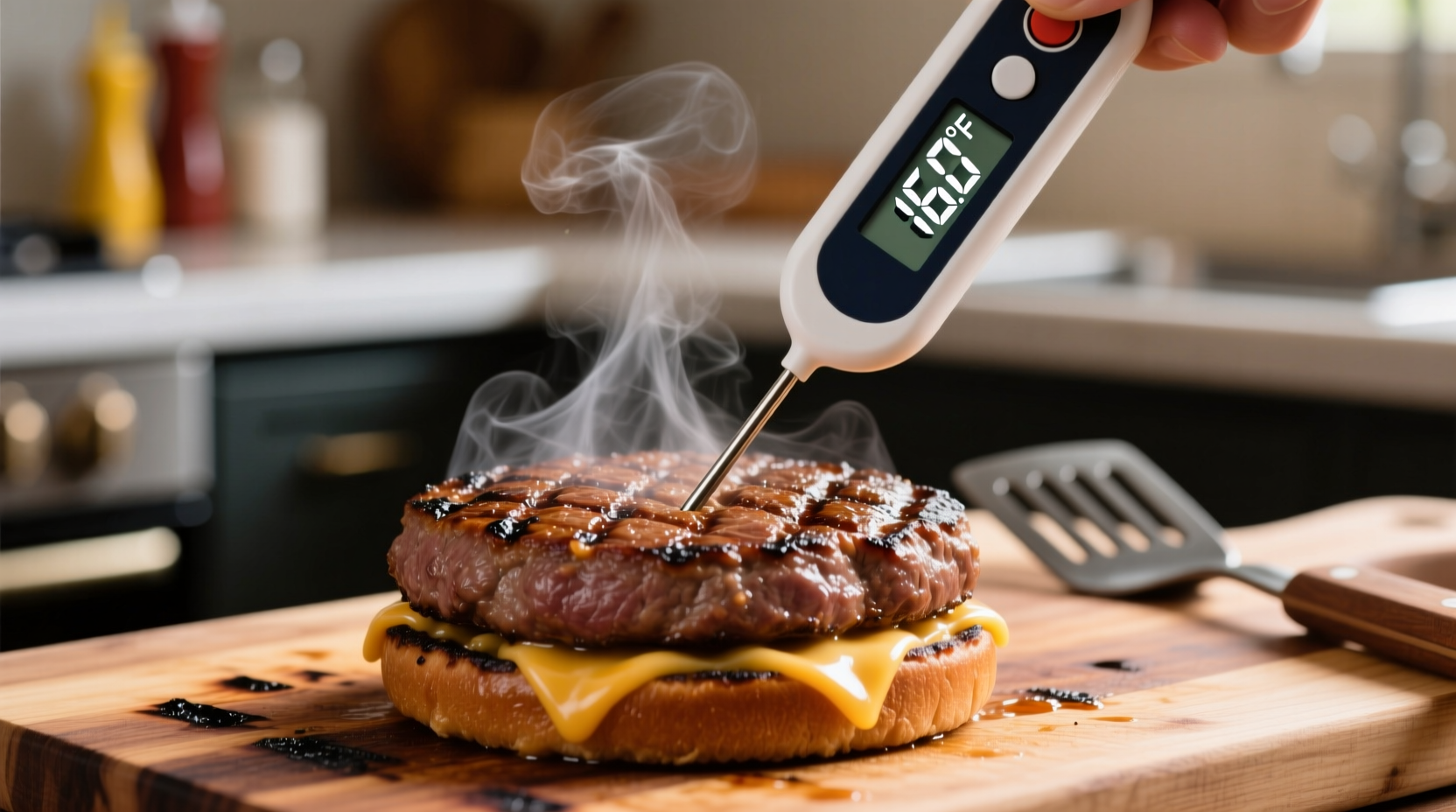 Thermometer checking burger internal temperature