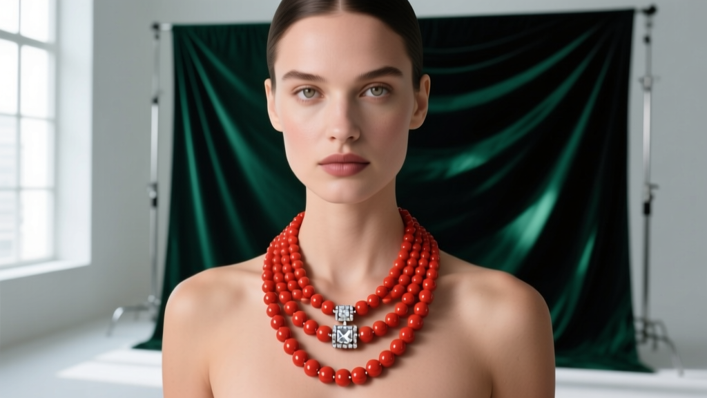 Model wearing a five-strand Mediterranean red coral multi strand necklace with a diamond barrel clasp against dark emerald silk