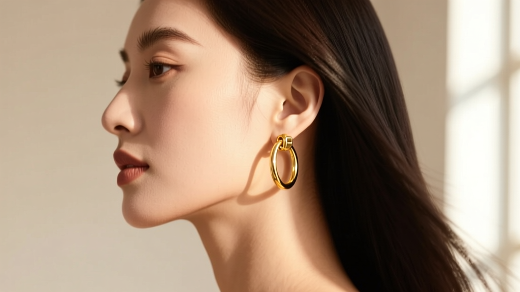 Side profile of a woman wearing gold vermeil hoop earrings, showing the seamless clicker hinge and warm reflection on her jawline