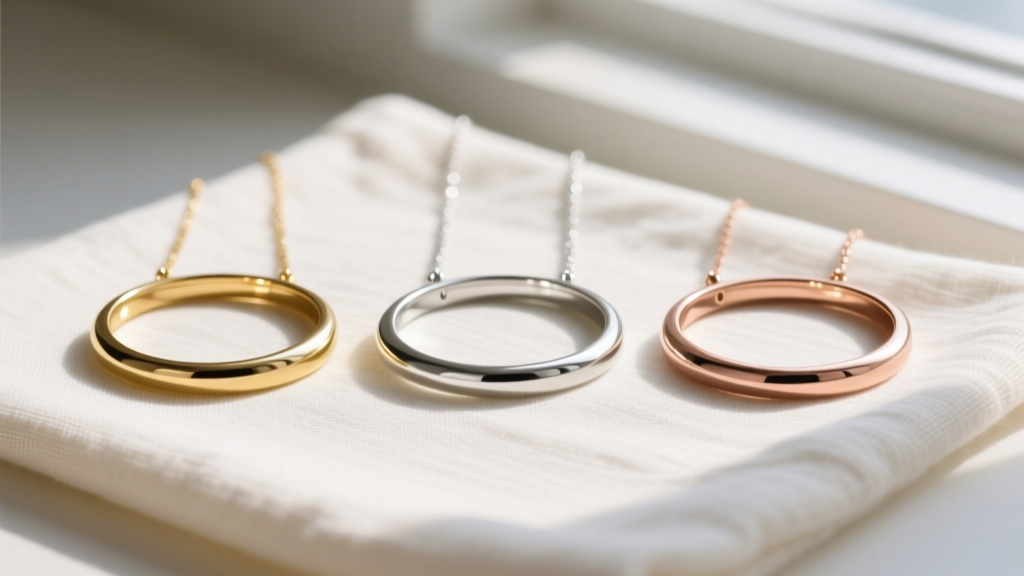Flat lay of three circle necklaces in gold, silver, and rose gold resting on textured linen cloth with soft natural lighting