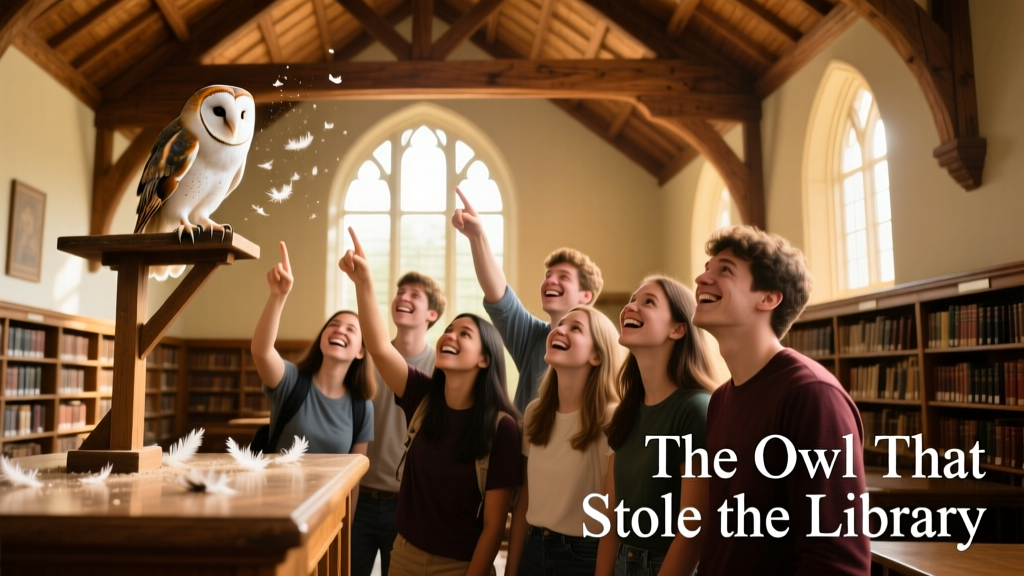 Students smiling and pointing upward toward rafters where the owl had been roosting