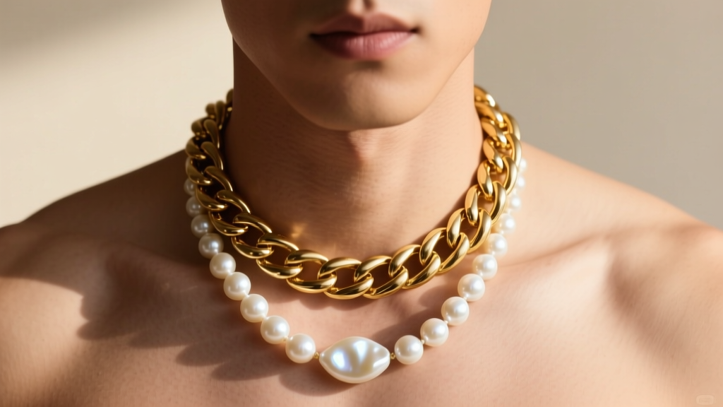 Close-up of a male model wearing a layered 18k gold Cuban chain and a single strand of irregular white freshwater baroque pearls