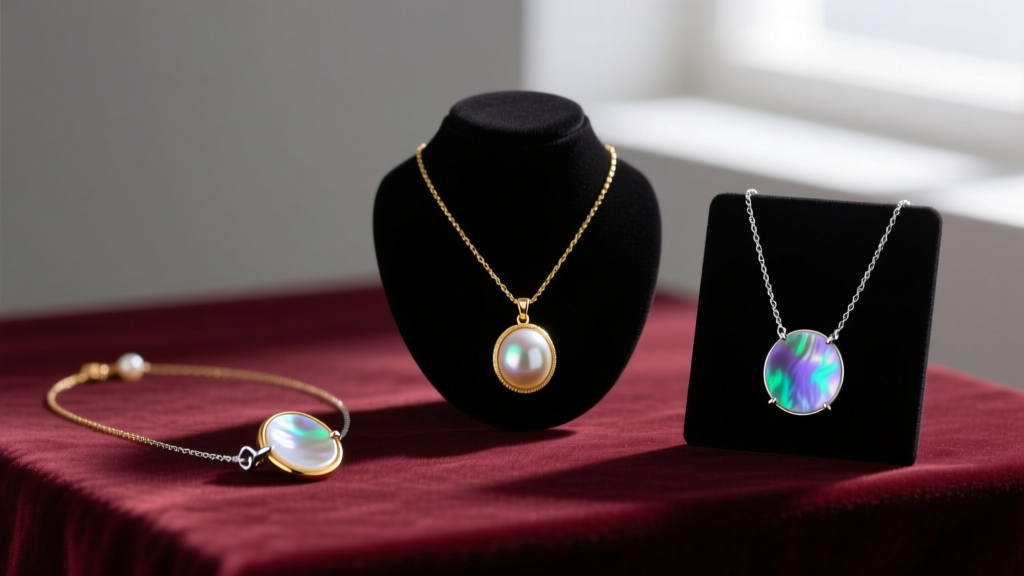Three mother of pearl necklaces on velvet: one bezel-set in 14k gold, one prong-set in silver, and one epoxy-glued to a backing.