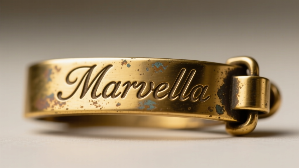 Macro photography of a vintage gold-tone Marvella clasp showing the stamped script hallmark and slight patina on the metal