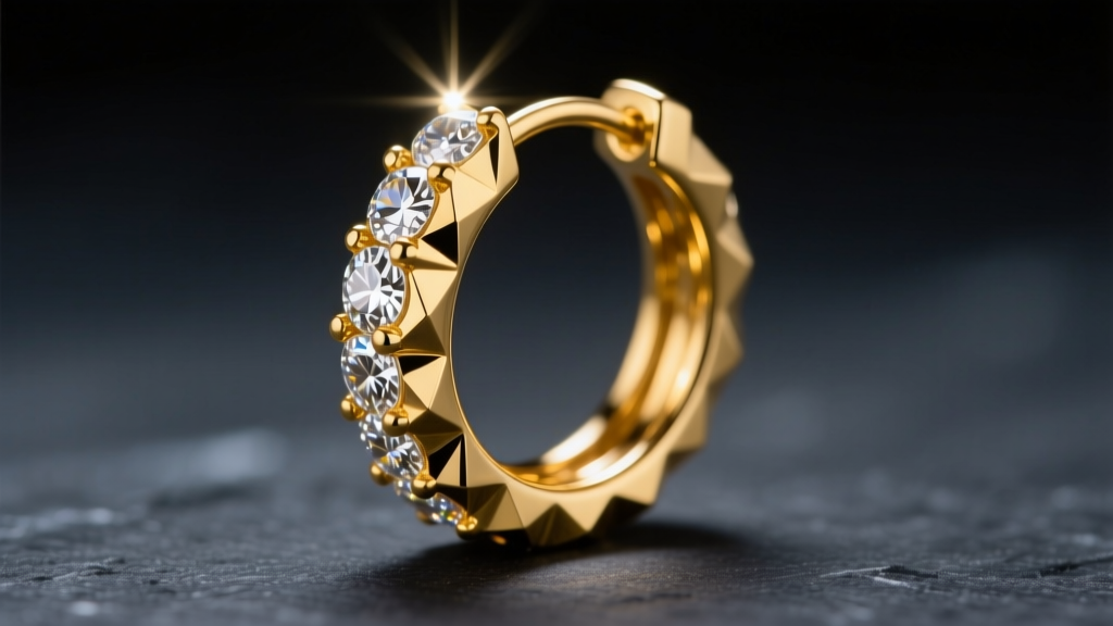Macro shot of a 14k yellow gold hoop earring with diamond-cut facets catching studio light against a dark slate background.