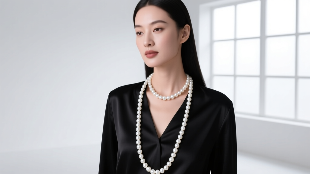 Elegant woman wearing a 16-inch white Akoya pearl necklace, soft studio lighting highlighting the bright mirror-like pearl luster.
