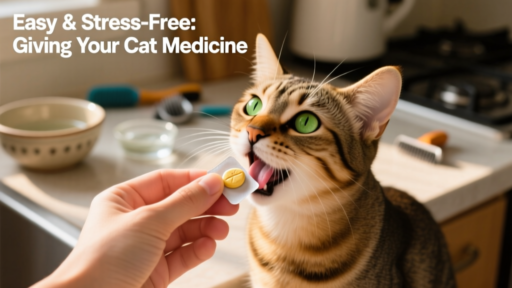 A hand placing a soft, chicken-flavored pill pocket into a cat's mouth