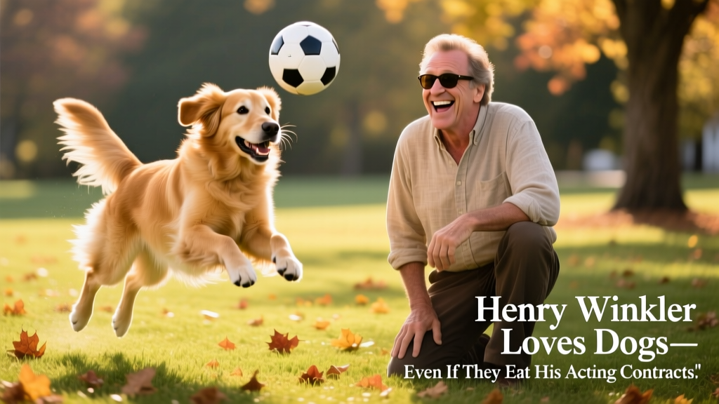 A playful scene: Sadie mid-air chasing a soccer ball while Winkler kneels nearby, laughing