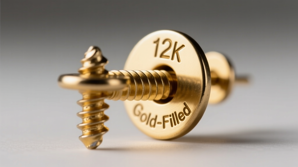 Macro view of a vintage earring post showing fine screw threads and a 12K gold-filled hallmark stamped on the brass backing plate.