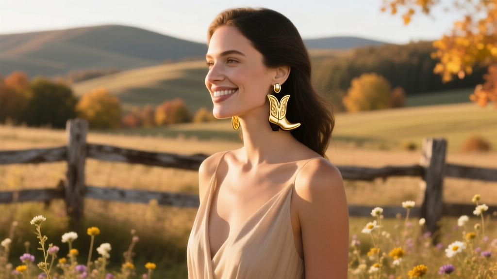 A woman wearing subtle gold cowgirl boot huggie earrings at a rustic outdoor country wedding, smiling softly in golden hour light